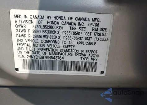 2006 Acura Mdx from USA, damaged, VIN 2HNYD18976H543764